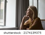 Small photo of Pensive attractive middle-aged female resting on sofa at home looking out window having nostalgic mood, recollect, deep in thoughts, missing grown up children feeling loneliness. Retirement concept