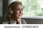 Small photo of Pain in eyes. Lost upset middle age female retiree sit by window suffer of loneliness depression feel pain sorrow weak. Sad stressed senior woman grieve has affliction mental life problem. Copy space