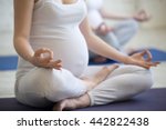 Pregnancy Yoga, Fitness concept. Torso close-up of two beautiful young pregnant yoga models working out indoors. Pregnant fitness women sitting in yogic cross-legged pose at class. Prenatal meditation