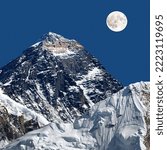 Small photo of Mount Everest, night view with moon, Nepal Himalaya mountain. Mt. Everest and Nuptse peak from Kala Patthar, Khumbu valley, Sagarmatha national park