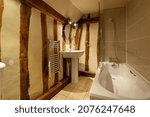 Small photo of Brockley Green, Suffolk, England - January 28 2020: Traditional country house Bathroom within british home