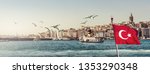 Small photo of Cityscape of Istanbul on sunset - steamboat with red Turkish flag and flying seagulls over the Golden Horn. Panorama of the old town near Galata tower in Beyoglu, view on landing stage of Karakoy.