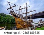 Small photo of Kingston, NY - US - Sept 24, 2023 The Nao Trinidad, a replica of the 16th-century ship Ferdinand Magellan led his first circumnavigation of the world. Docked at the Hudson River Maritime Museum.
