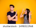 Small photo of Portrait of nice attractive irritated annoyed sullen gloomy grumpy dissatisfied people expressing negative emotion anger pretense argument fail failure isolated on bright vivid shine yellow background