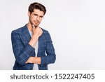 Small photo of Portrait of his he nice attractive calm content top executive director ceo boss chief recruiter wearing checked blazer touching chin thinking copy space isolated over light white pastel background