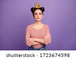 Small photo of Photo of attractive boast lady students prom party arms crossed brag person arrogance look wear golden crown white red casual striped shirt isolated pastel purple color background