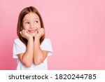 Close-up portrait of her she nice-looking attractive lovely sweet curious cheerful cheery smart clever girl creating new idea solution fantasize copy space isolated pink pastel color background