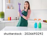 Photo of pretty adorable house wife wear green apron gloves cleaning kitchen spray indoors room home house