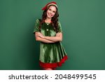 Photo of young girl happy positive smile confident crossed hands new year time isolated over green color background
