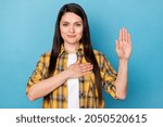 Small photo of Photo of mature woman happy positive smile make oath promise wear tell truth isolated over blue color background
