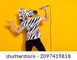 Small photo of Profile side photo of freak guy in zebra mask sing mic popular song isolated over bright yellow color background