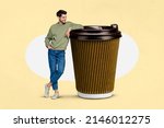 Small photo of Artistic sketch collage of guy barista stand near hot caffeine mug beverage isolated pastel yellow color background