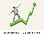 Small photo of Concept of fast increasing income. Middle aged man surfing green arrow going up isolated pastel color background
