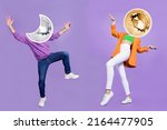 Collage creative portrait of two people dancing sun moon disco ball instead head isolated on violet background