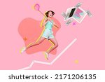 Composite collage image of excited person air fly hold fishnet catch money laptop internet isolated on drawing pink background