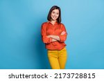 Photo of young pretty girl crossed hands smart boss marketer expert isolated over blue color background