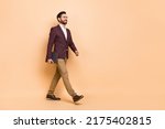 Small photo of Full size profile side photo of representative wealthy millionaire businessman go home after work isolated on beige color background