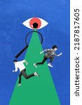 Small photo of Retro zine poster of huge eye look through magnifier search two guys new virtual risk game isolated blue color background