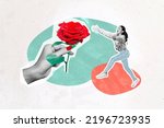 Small photo of Creative collage image of excited running woman stretching hands strive huge red rose flower 8 march birthday romantic present give gift