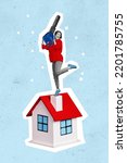 Small photo of Creative 3d photo artwork graphics painting of excited girl holding big key small house property win lottery buy settle down investment
