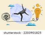Small photo of Creative photo collage of careless black white positive man balanced on rope between chaos and bright idea to become successful rich