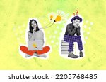 Small photo of Collage 3d image of pinup pop retro sketch of smart clever lady networking clueless man sitting book pile stack isolated painting background
