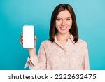 Closeup photo of attractive businesswoman wear pink shirt hold smartphone empty space advertising menu information isolated on blue color background