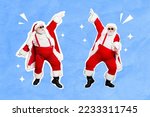 Creative retro 3d magazine collage image of funky two santas dancing xmas dances isolated painting background