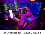 Photo of confident thoughtful guy dressed glasses hat typing twitter telegram facebook device empty space indoors workstation workshop home