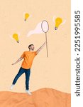 Small photo of Vertical photo collage of business man startup owner jumping hold butterfly net catch idea flying wings lamps ideas isolated on beige background