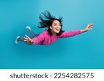 Full length photo of adorable pretty lady wear pink pullover falling air isolated blue color background