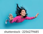Full length photo of shiny charming woman dressed pink sweater flying falling sky isolated blue color background