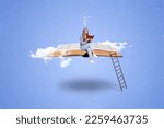 Creative poster banner collage of weird aged woman sit open flying book read intellectual fiction story have brilliant mind