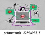 Creative magazine poster collage of scared influencer lady blogging suffer hate speech message social network