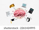 Small photo of Photo collage of multitask deep thinking brains genius ideas decisions money calculations education remote job business isolated on white background