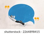 Small photo of Creative collage image of peaceful black white colors mini man laying relax big empty space dialogue bubble