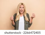 Small photo of Photo of aggressive lady wear trendy clothes negative reaction bad mood pretense isolated on beige color background