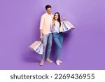 Small photo of Full size photo of two attractive positive people hug hold mall bags use smart phone isolated on violet color background