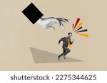 Small photo of Creative drawing collage picture of hand boss chief catch little man run away escape scared afraid worker employee rush hurry fast quit