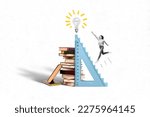 Small photo of Picture of creative collage reaching high ruler jump girl fist up eureka lightbulb finally decision much books bookworm isolated on white background
