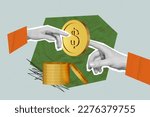 Small photo of Photo banner collage new financial application how save more money stack coins penny dollars fingers connection isolated on green background