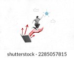 Small photo of Composite collage picture of black white gamma opened book arm palm hold mini excited guy reach clouds sky star isolated on painted background