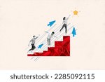 Composite collage picture of mini black white effect people run climb stairs reach touch sun big arrow pointers isolated on drawing background