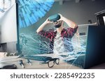 Artwork collage picture of excited guy metaverse game developer experience virtual reality glasses device laptop interactive hologram