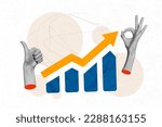 Small photo of Collage portrait of two black white colors arms fingers demonstrate thumb up okey symbol growing arrow stats upwards