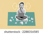 Small photo of Creative collage picture of black white gamma guy big head contemplate ponder steam ears use netbook crumpled paper isolated on beige background