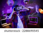 Small photo of 3d metaphor holographic collage of geek programmer working on internet safety using futurism goggles at night office