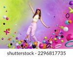 Colorful pop template collage of young lady appear in magical cyber space travel on fast speed stream math symbols
