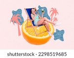 Small photo of Creative abstract template graphics collage image of smiling lady sunbathing talking device isolated pink color background