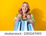 Photo of cute shopaholic lady hold many shopping packages read low prices poster wear shirt isolated yellow color background